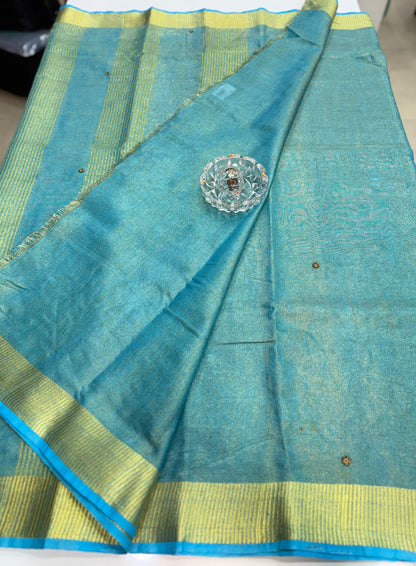 Pure Tissue 150 Count Linen Handloom Saree with Handwork and Running Blouse for Women