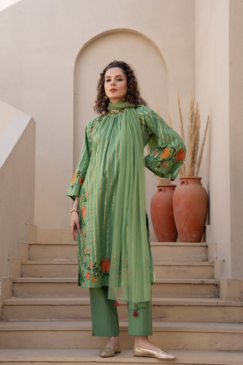 Pure Cotton Embroidered Kurta Pant Dupatta Set for Women