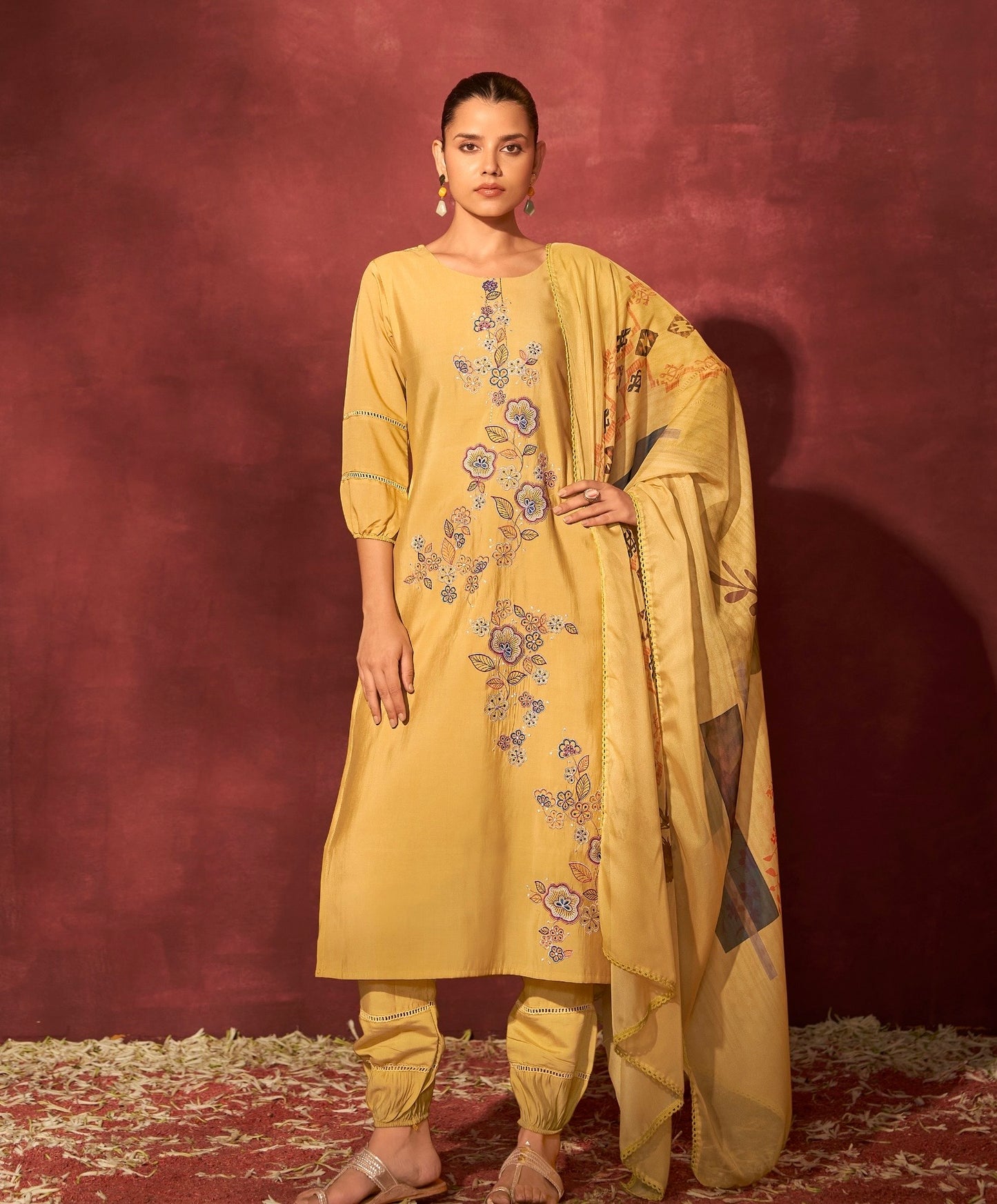 Viscose Silk Kurta Pant Dupatta Set with Printed Lace Dupatta and Mul Cotton Inner – Sizes M to XXL