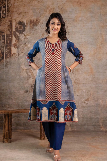 Jaipuri Cotton Kurti Pant Set for Women with Chevron Print and Mughal Border – Sizes 38 to 46