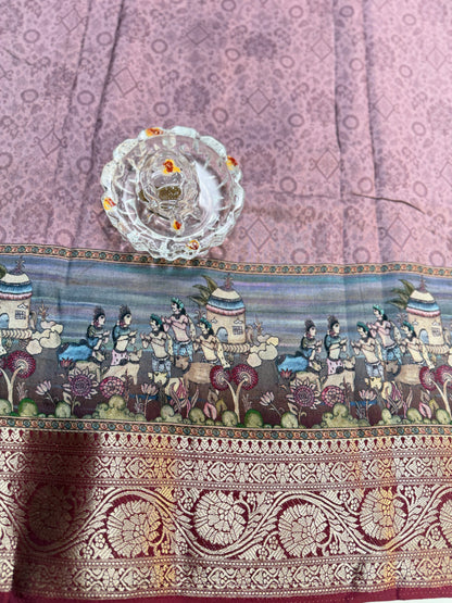 Russian Viscose Crepe Silk Chittpallu Saree with Heritage Print and Zari Border for Women