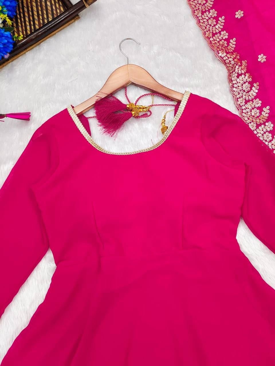 Fuchsia Georgette Embroidered Anarkali Set with Dupatta and Bottom – Sizes S to XL – 4.5m Flare