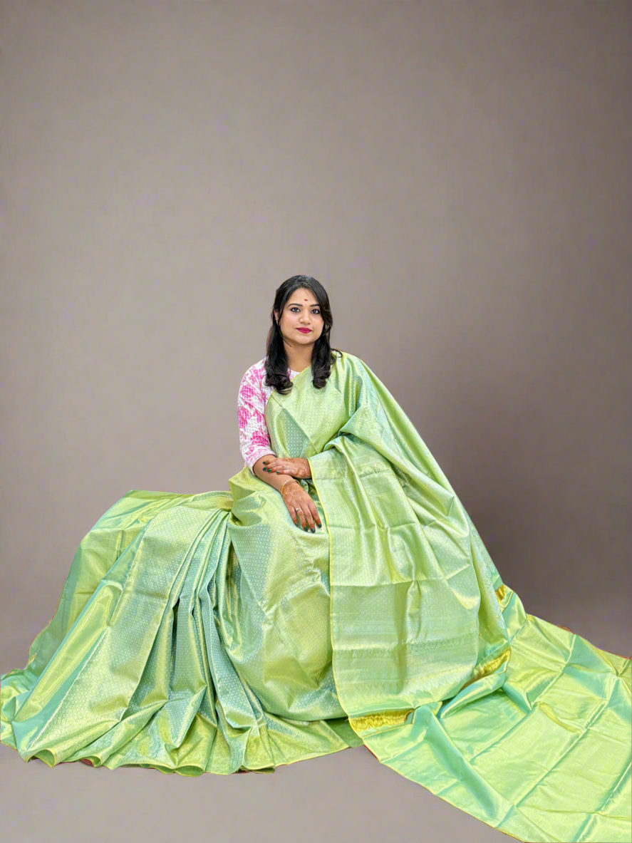 Handloom Borderless Pure Silk Saree in Sea Green with Zari Weaving – Elegant Bridal Saree