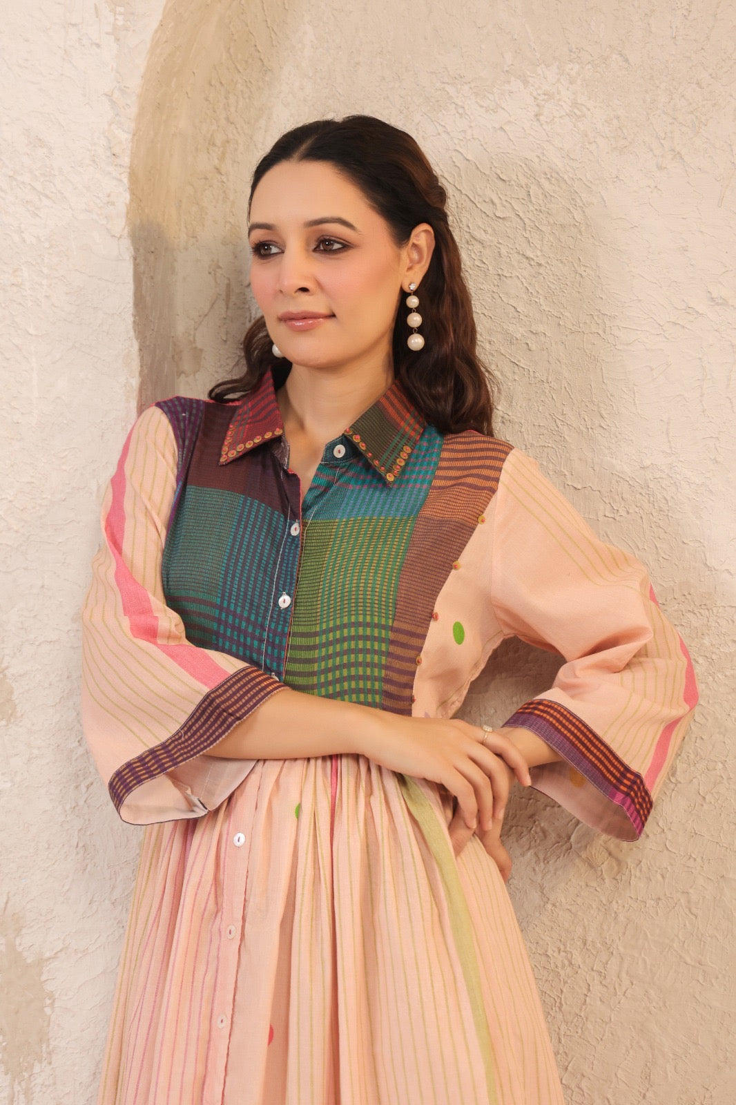 Pastel Panelled Cotton Dress with Checkered Yoke and Hand-Embroidered Motifs – Women’s Full Sleeve Casual Wear