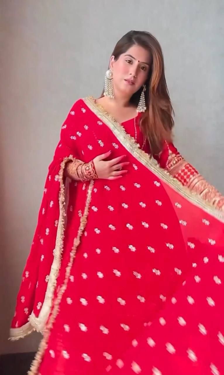 Red Georgette Slit Suit Set for Women with Dupatta and Bottom – Embellished Details – Sizes S to XXL