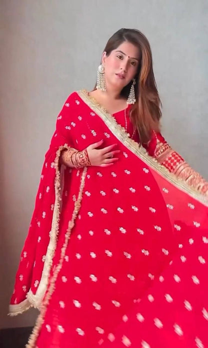 Red Georgette Slit Suit Set for Women with Dupatta and Bottom – Embellished Details – Sizes S to XXL