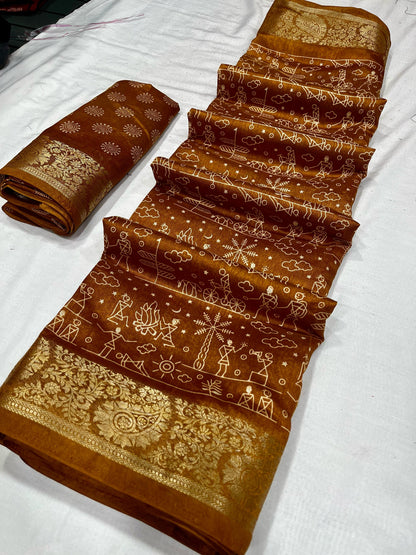 Soft Tussar Silk Slub Digital Print Saree with Golden Zari Weaving Border and Contrast Blouse