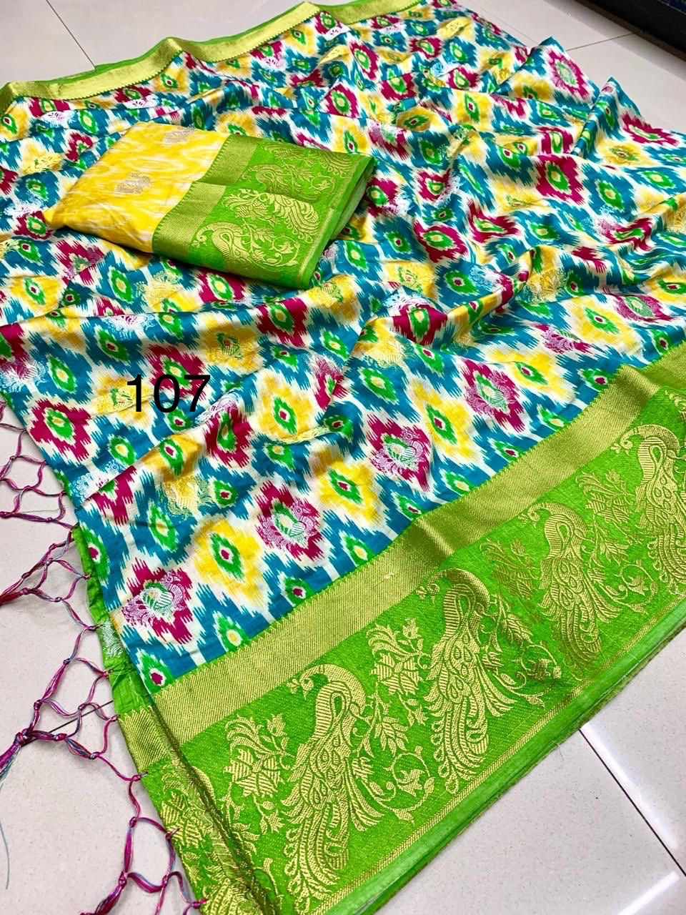 Semi Raw Silk Jacquard Saree with Silver and Gold Zari Butti Weaving – Contrast Ikkat Blouse