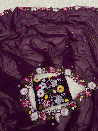 Women’s Pure Georgette Saree with Multi-Color Thread Work, Tassels and Heavy Embroidered Blouse