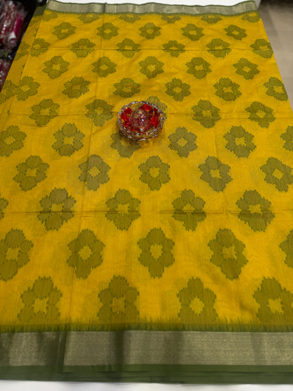 Women’s woven saree with butta motifs, contrast pallu border and tassel pallu, traditional wear, multiple colors