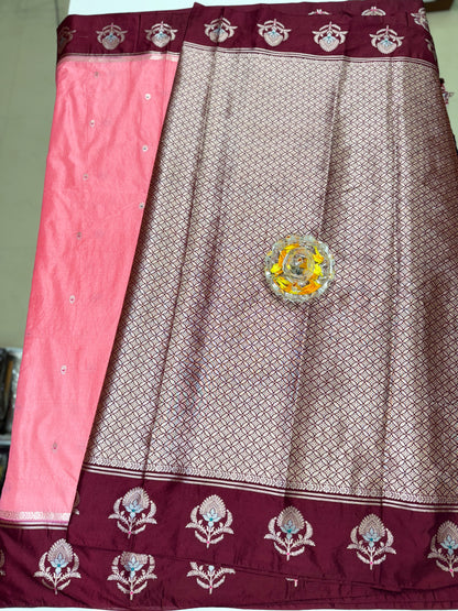 Banarasi Semi RW Mango Silk Saree with Zari Buta Meenakari Work and Brocade Blouse – Festive Wear