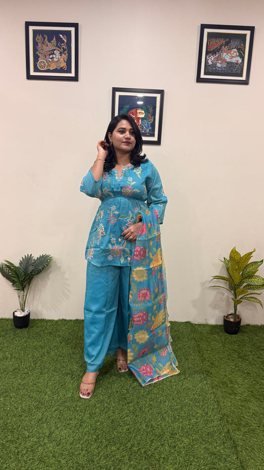 Viscose Shimmer Zari Silk Kurta Plazo Dupatta Set with Handwork and Digital Print Dupatta – Sizes XL to 3XL