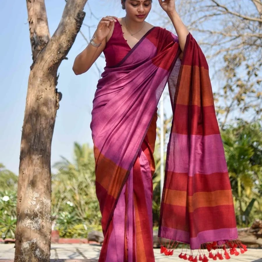 Rangoli Stripe Handloom Cotton Saree with Blouse Piece – Handwoven Traditional Pattern for Women