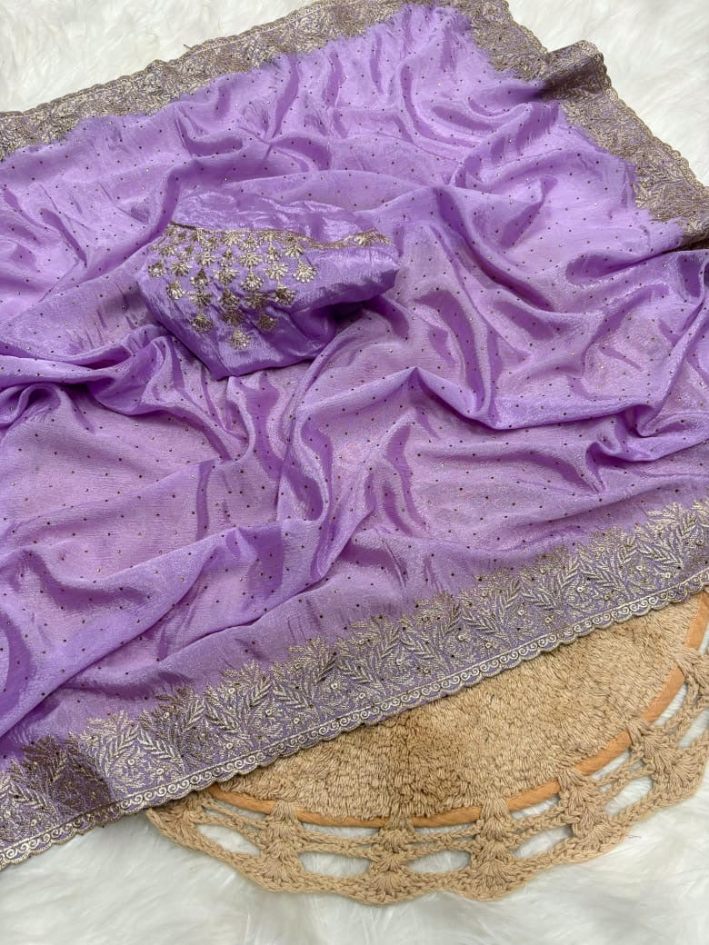 Pure Chinnon Saree with Intricate Siroshaki Embroidery & Heavy Embroidered Blouse – Fancy Saree Collection