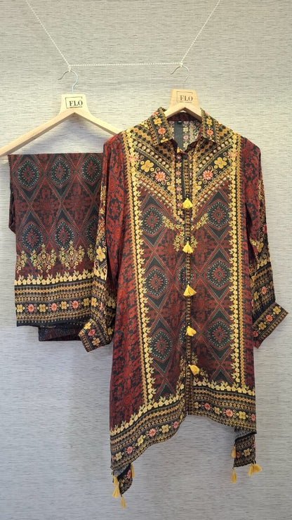 Premium Crepe Ajrakh Print Style Cord Set with Tassel Detailing for Women – Sizes 38 to 44