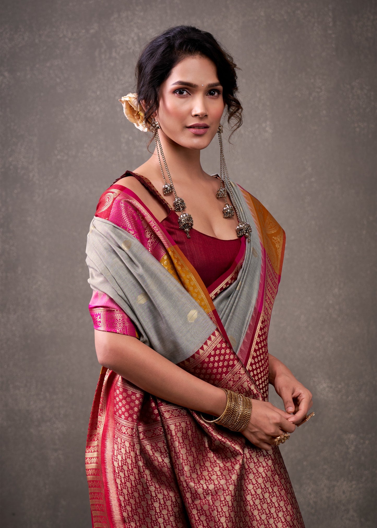 royal modal cotton saree with zari border and contrast blouse – festive ethnic wear for women