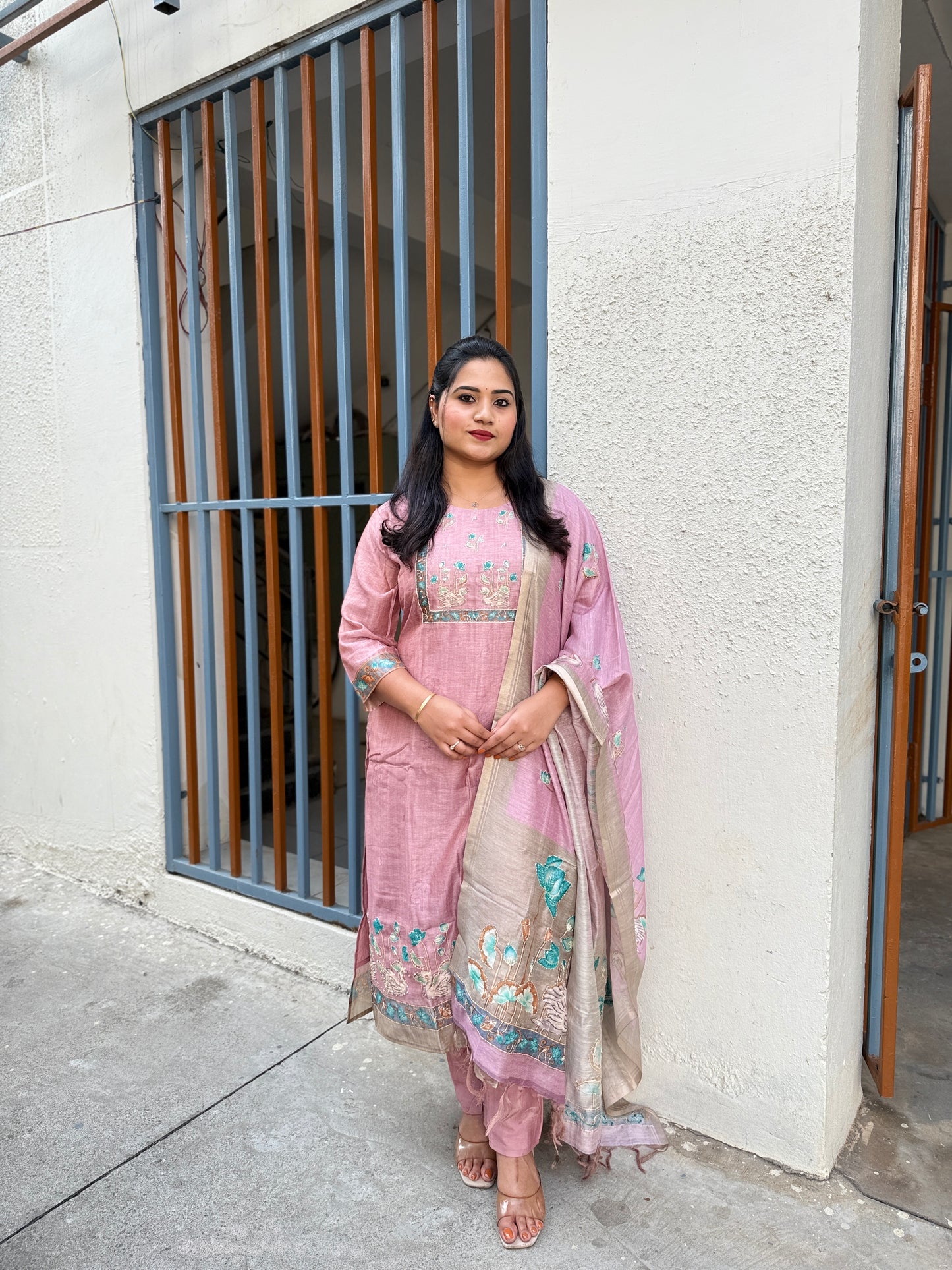 Chanderi embroidered suit set for women with cotton lining, matching bottom and dupatta