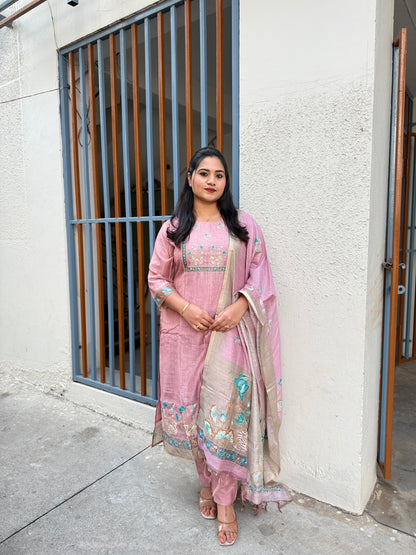 Chanderi embroidered suit set for women with cotton lining, matching bottom and dupatta