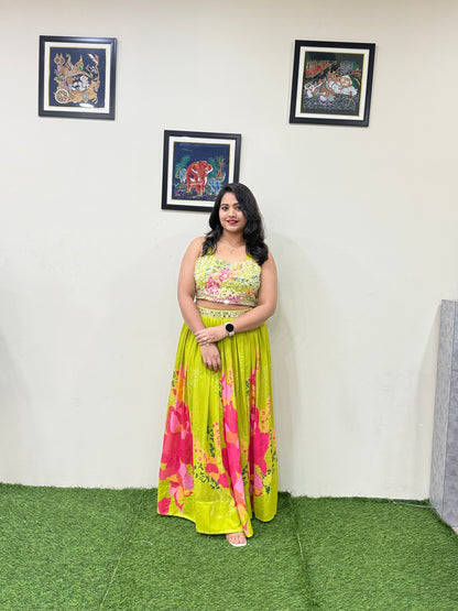 Faux Georgette Designer Lehenga Set with Mirror Work, Zari Detailing and Cowrie Shell Jacket