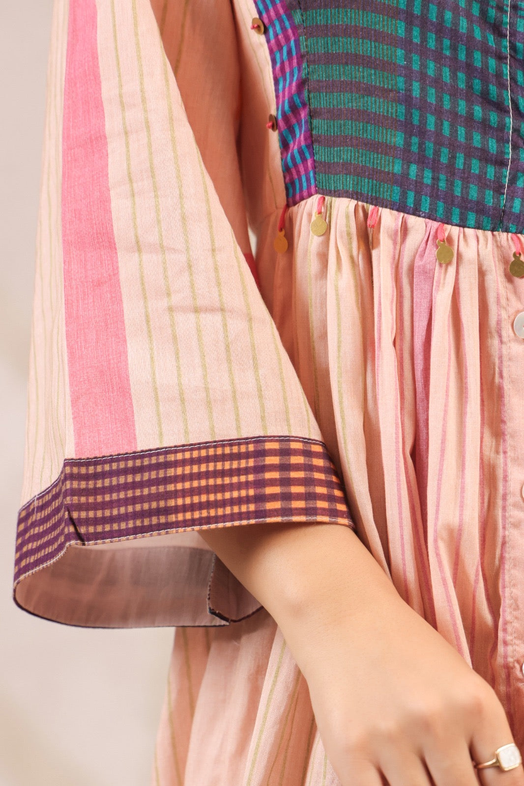 Pastel Panelled Cotton Dress with Checkered Yoke and Hand-Embroidered Motifs – Women’s Full Sleeve Casual Wear