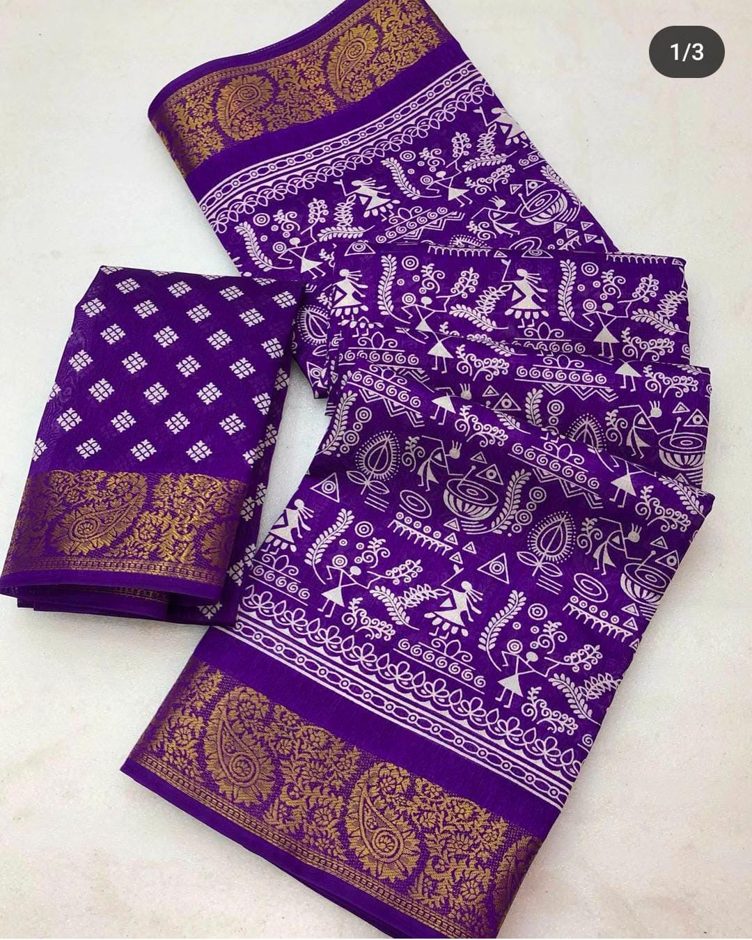 Soft Tussar Silk Slub Digital Print Saree with Golden Zari Weaving Border and Contrast Blouse