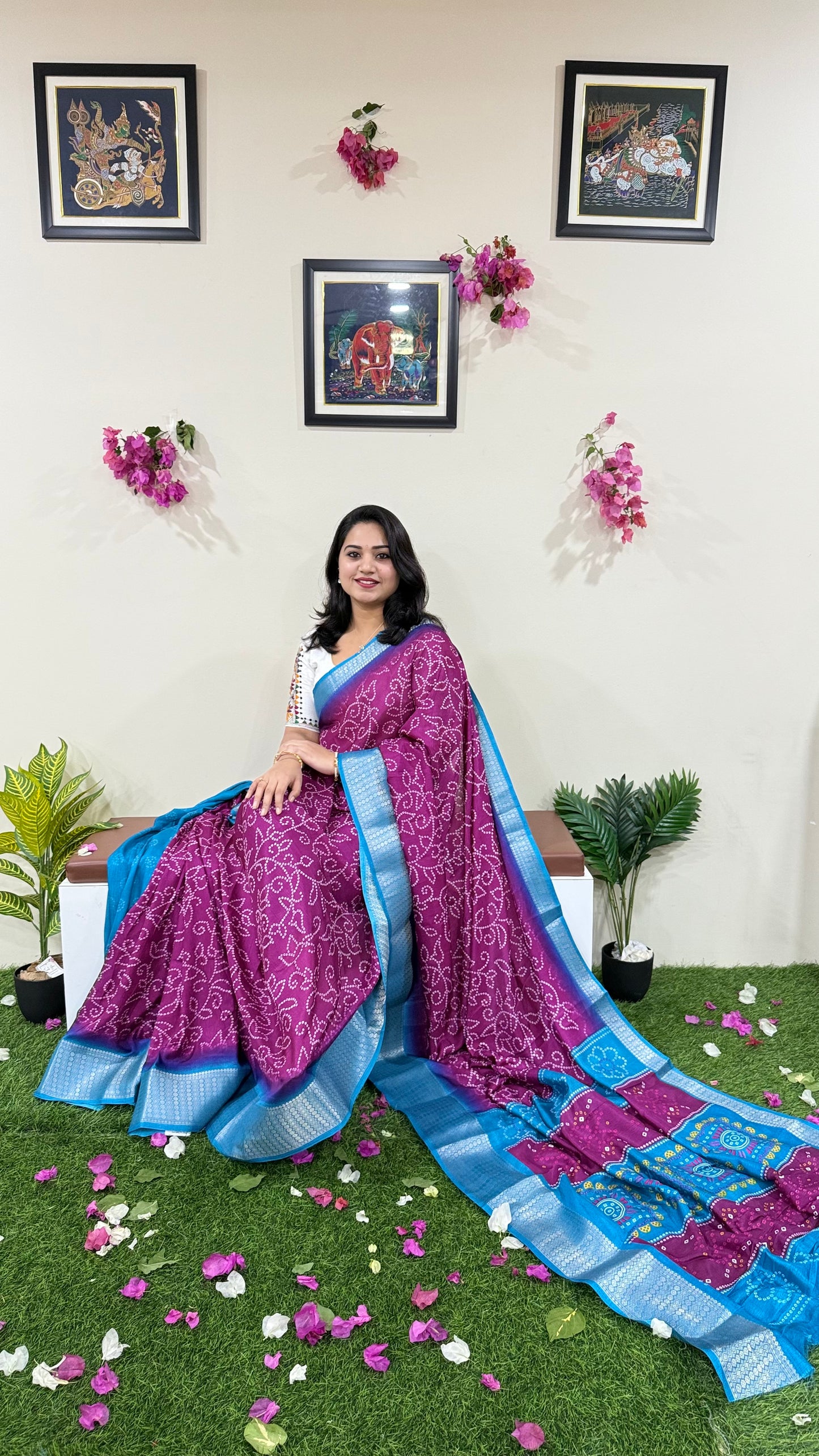 Soft Dola Silk Saree with Heavy Zari Border and Bandhani Print – Elegant Pallu with Running Blouse