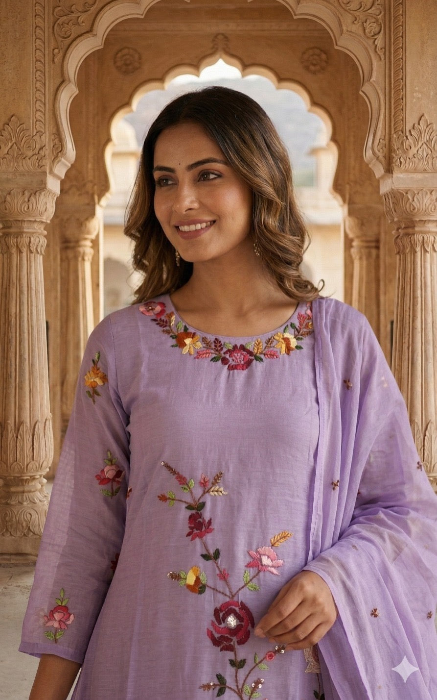 Mul Chanderi Embroidered Kurta Pant Dupatta Set for Women with Lining, Purple Festive 3 Piece Set