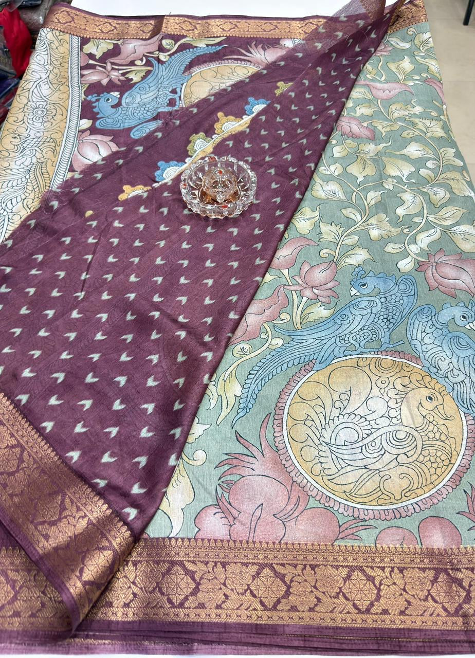 Silk blend printed saree with floral and bird motifs, zari border, women’s festive wear saree