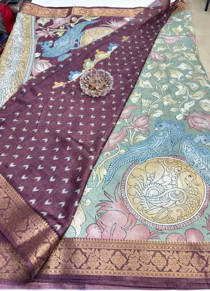 Silk blend printed saree with floral and bird motifs, zari border, women’s festive wear saree