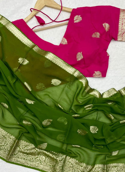 Women’s Pure Viscose Georgette Saree with Leaf Zari Design and Contrast Running Blouse
