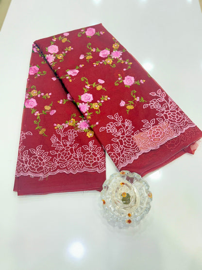 Kora Banarasi Saree with Floral Embroidery and Woven Border – Lightweight Festive Wear