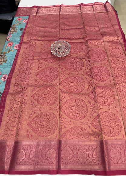 Printed handloom georgette saree for women with woven border and floral design