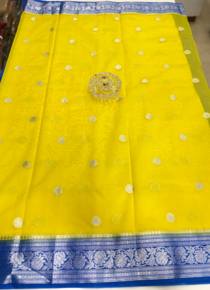 Banarasi semi georgette silk saree with silver zari buti design, contrast pallu and woven border for women