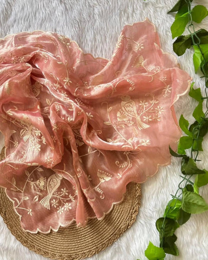 Soft Embroidery Work Saree with Chikankari Detailing and Blouse for Wome