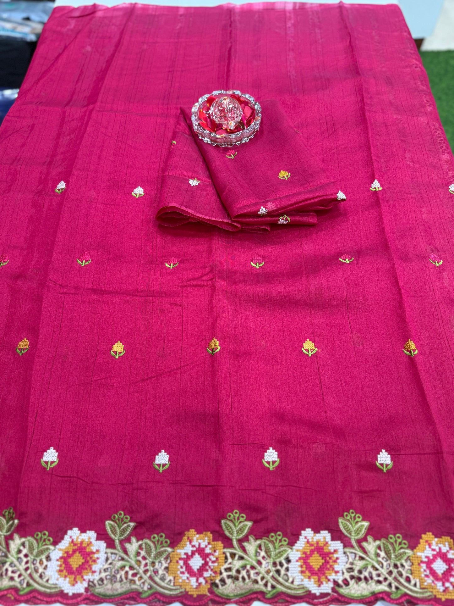 Matka Silk Saree with Embroidered Buttis, Cutwork Big Pallu, and All-Over Cutwork Panel