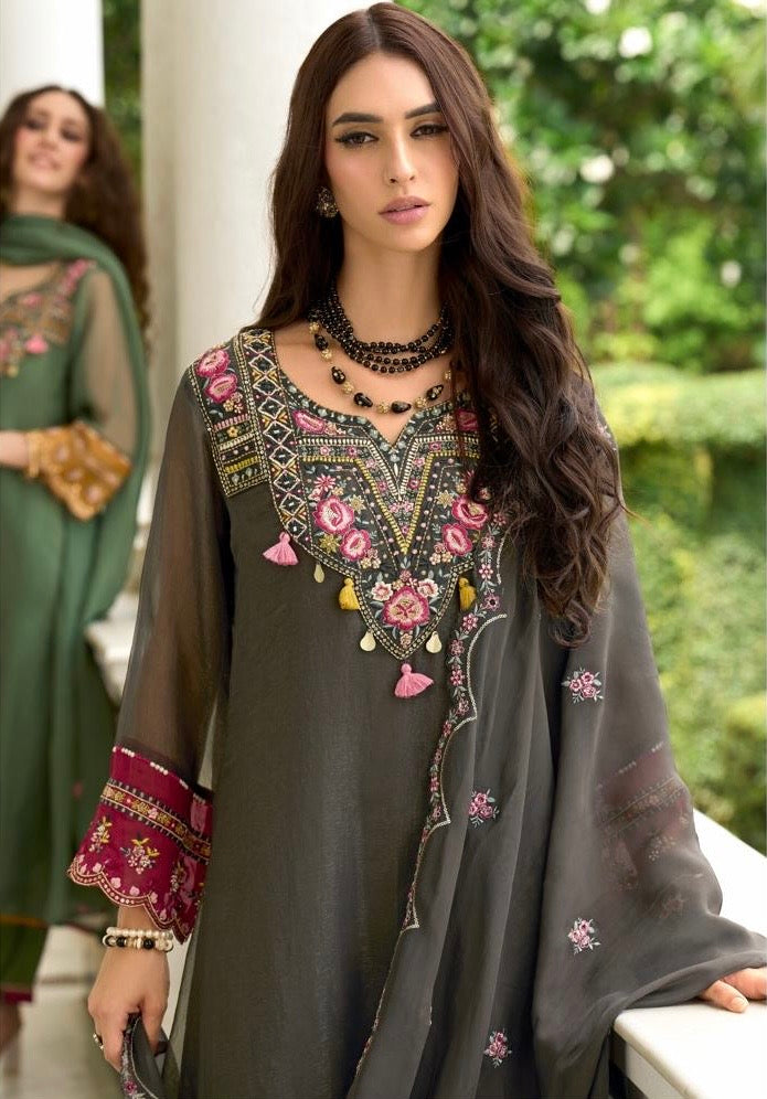 Organza Crush 3-Piece Suit Set with Embroidery, Handwork and Muslin Inner for Women