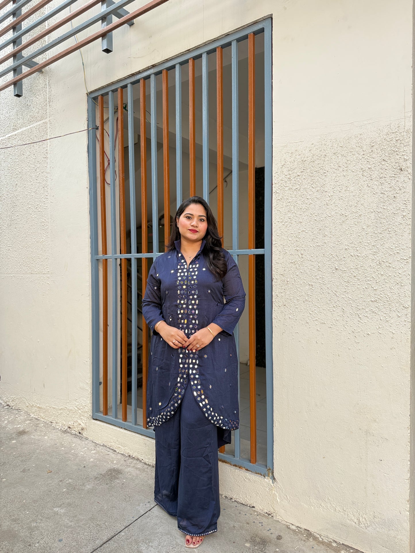 Navy Blue Real Silk Mirror Work Kurta Palazzo Set for Women – Asymmetrical Designer Festive Outfit (XL)