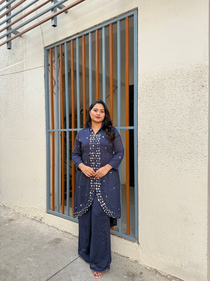 Navy Blue Real Silk Mirror Work Kurta Palazzo Set for Women – Asymmetrical Designer Festive Outfit (XL)