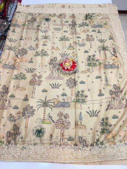 Ernakulam Silk-Blend Embroidered Saree with Printed Design and Lace Border – Festive Wear for Women