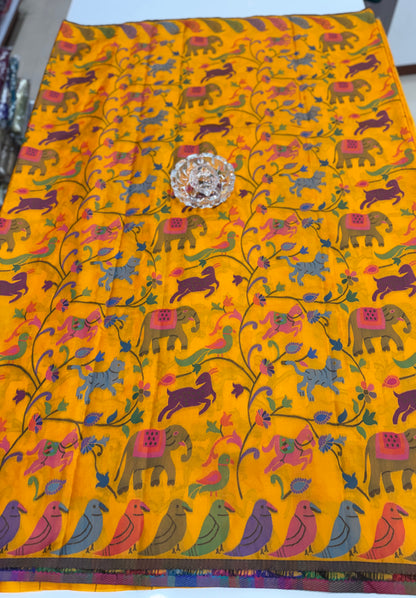 Soft silk printed saree with multicolour ethnic motifs and contrast blouse piece