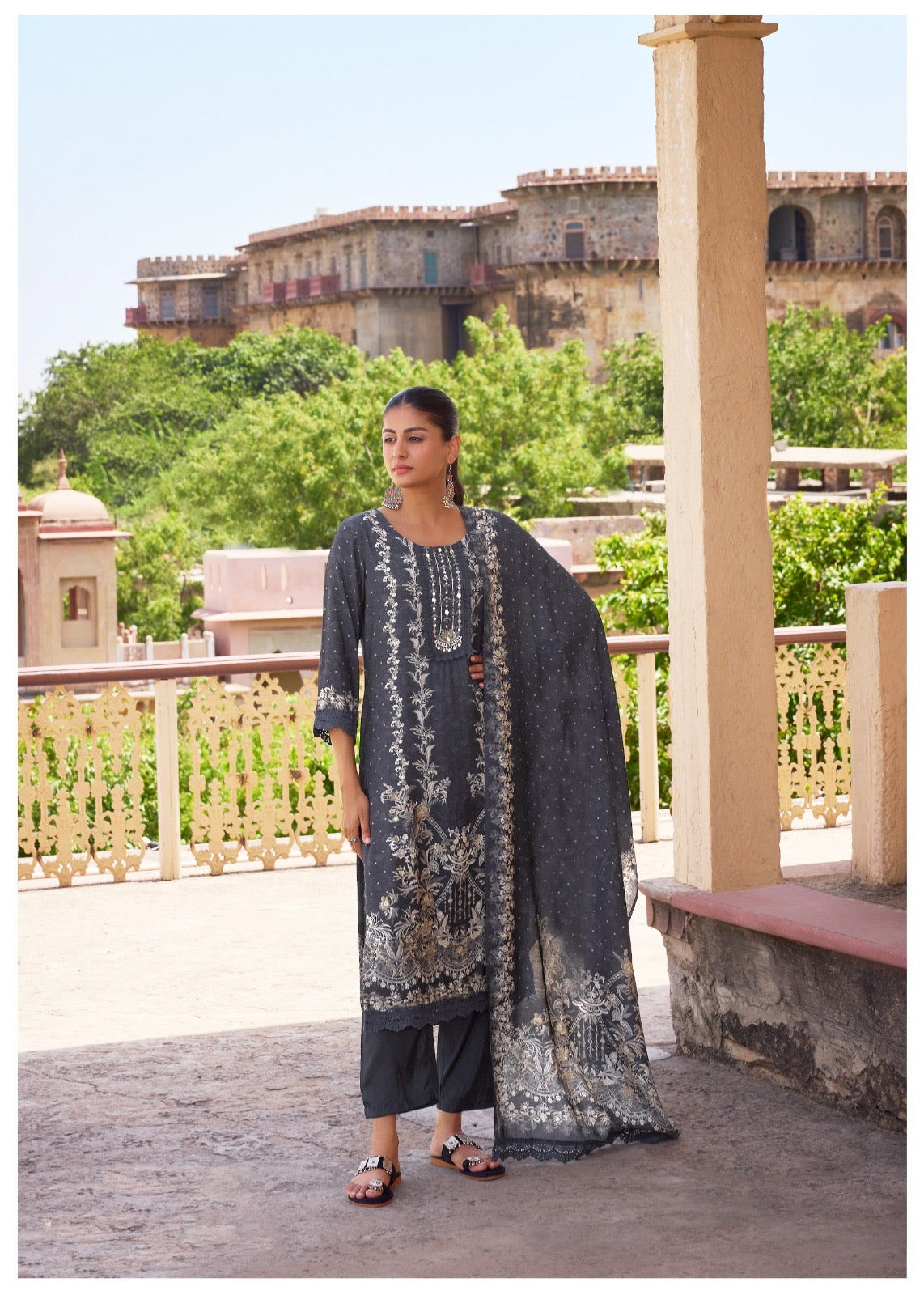 Digital Muslin Kurta Set with Moti Mirror Handwork, Shantoon Pant & Lace Dupatta – M to XXL