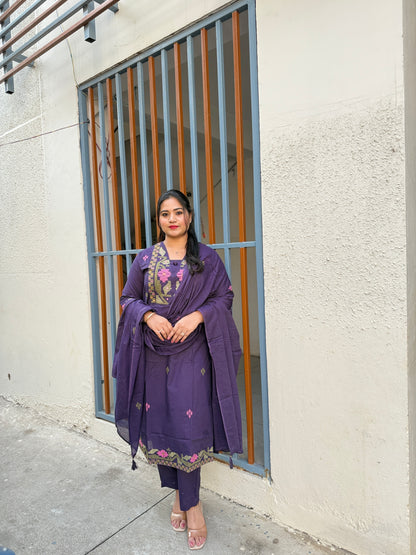 Women's cotton 60x60 straight kurta pant set with dupatta, purple embroidered-look yoke, M–3XL