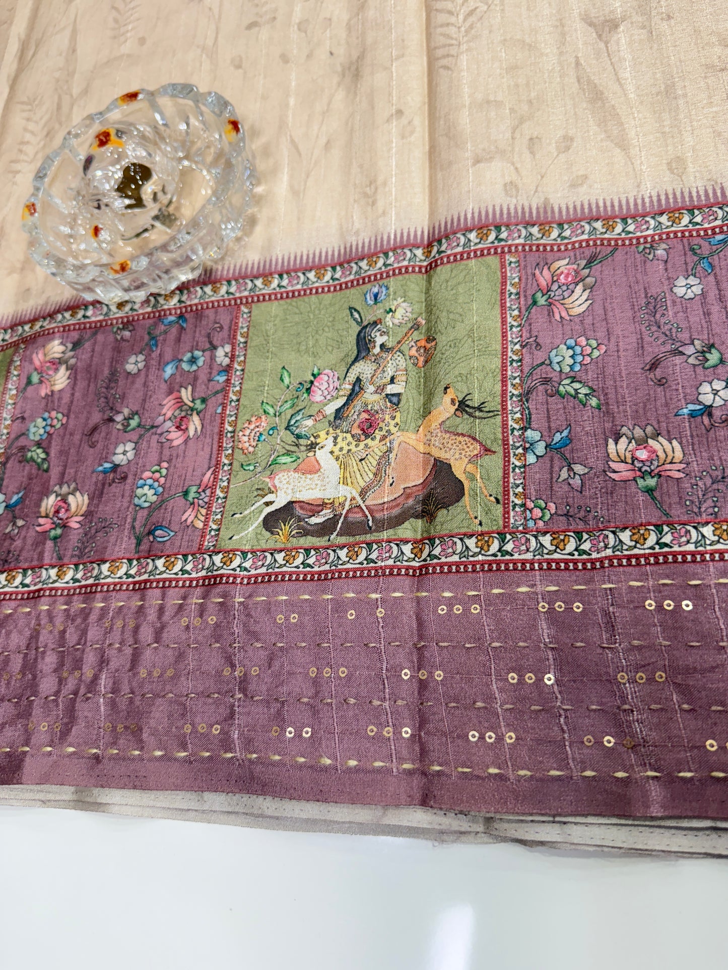 Tussar Fabric Saree with Katha Print Border, Mirror Work and Matching Blouse