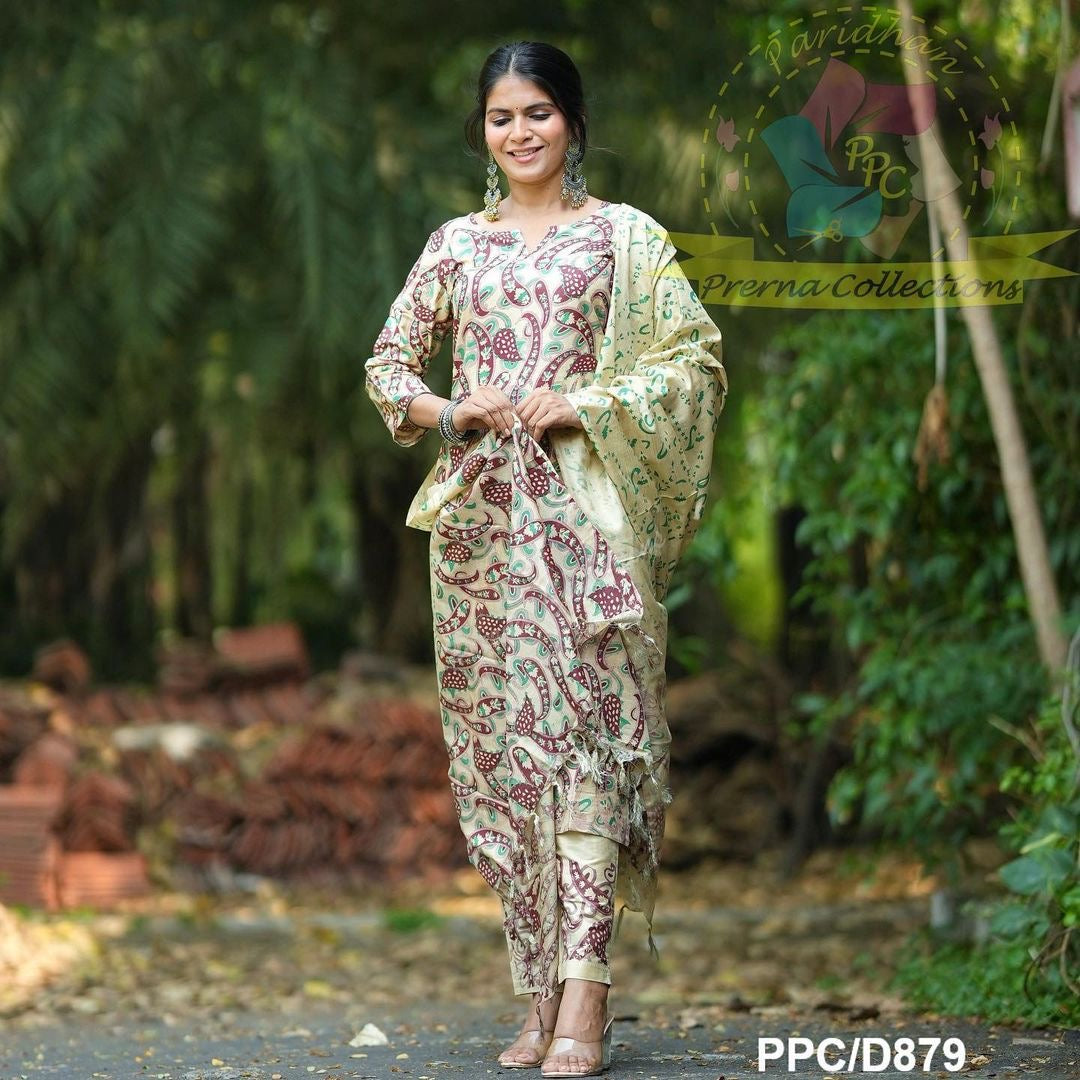 Silk Kalamkari Kurta Pant Dupatta Set for Women – Traditional Printed 3-Piece Set – Sizes 36 to 44