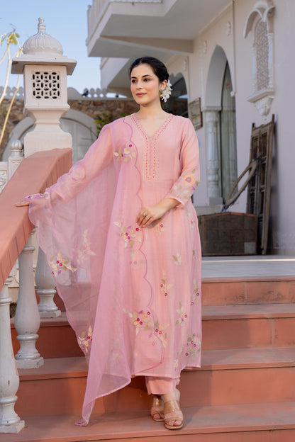 Mal Chanderi Anarkali Kurti Pant Set with Embroidery and Organza Scalloped Dupatta for Women