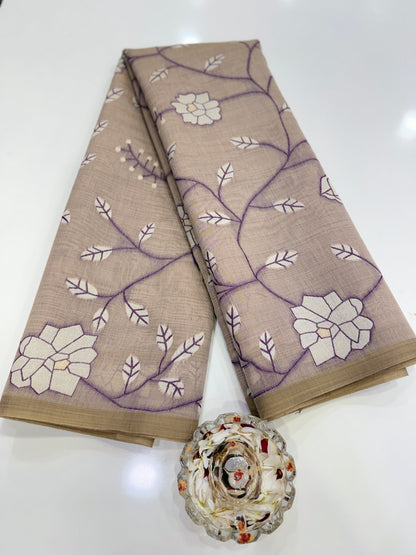 Linen printed saree with floral vine design, contrast border and tassel pallu, women’s daily wear saree
