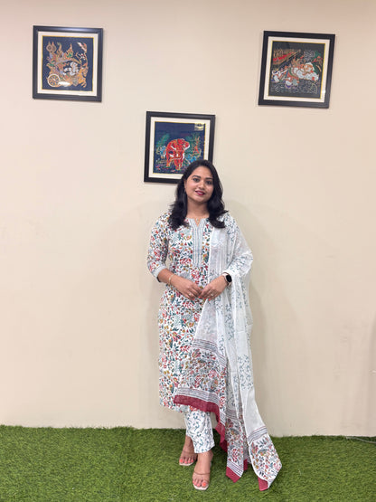 Pure Cotton Handblock Kalamkari Kurti Pant Dupatta Set – Women’s Summer Ethnic Wear