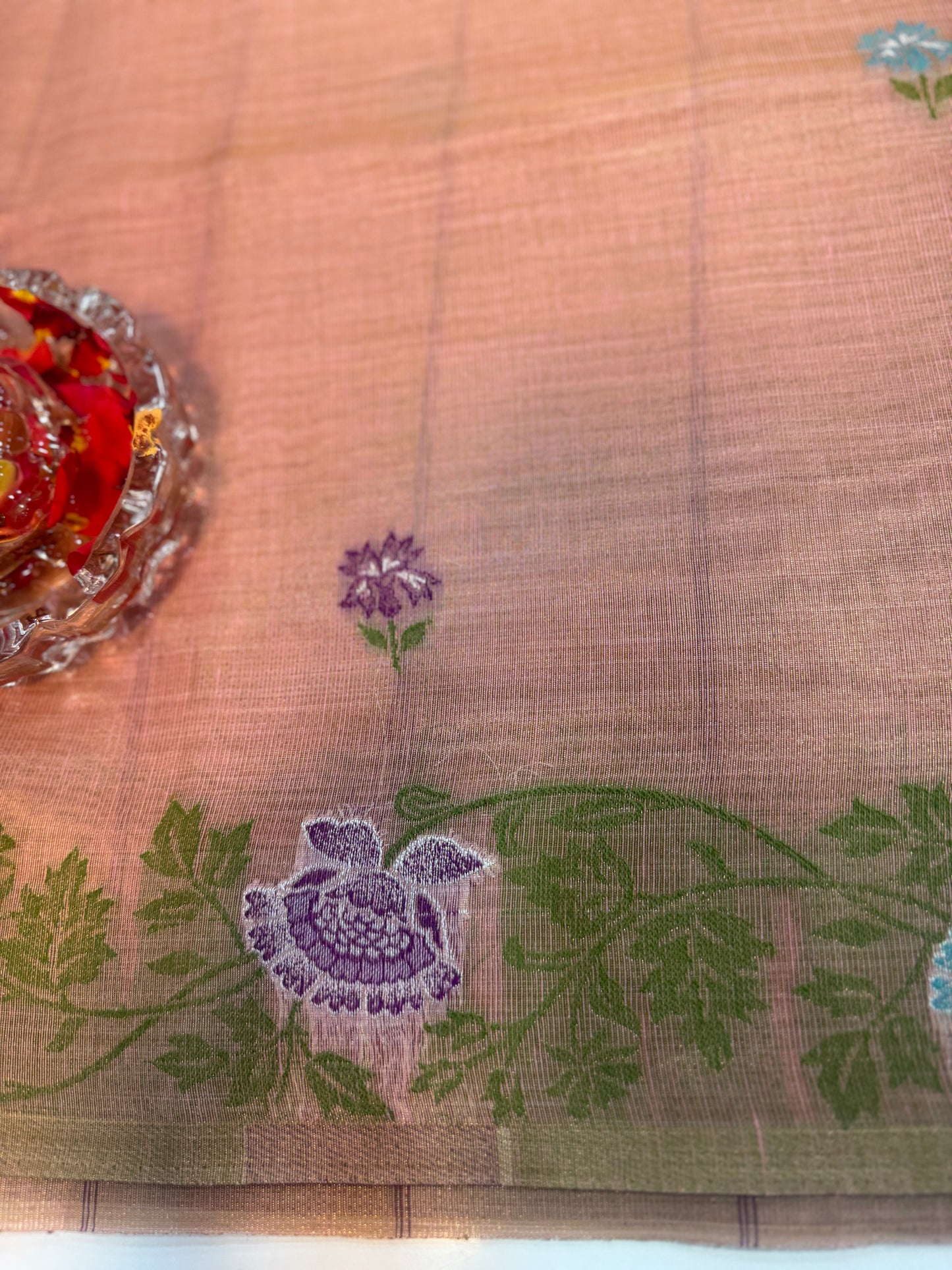 Tissue chanderi saree with floral border and tassel pallu, pastel printed saree for women