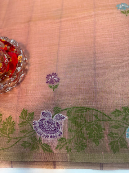 Tissue chanderi saree with floral border and tassel pallu, pastel printed saree for women