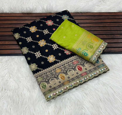 Masharu Silk Saree with Lakhnavi Meena Jacquard Weaving and Contrast Embroidered Blouse